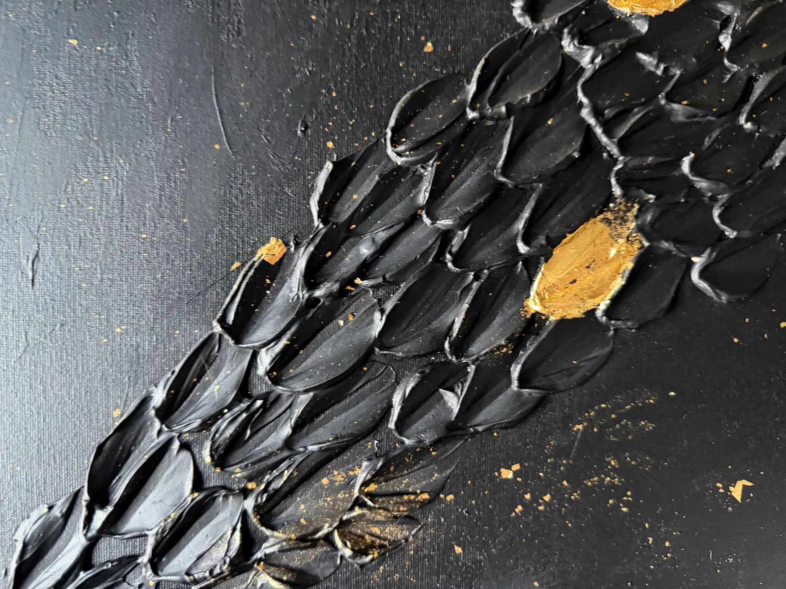 Detail of the surface of Golden Passage (60 x 80 cm), mixed media with texture paste and gold leaf on canvas — Alyne Perfeito, Perfeito Studio