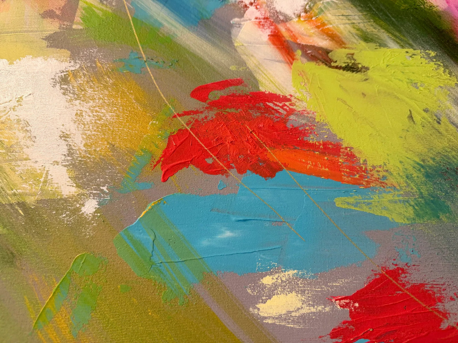 Detalhe da pincelada em Vibrant Awakening (100 x 150 cm), acrílica sobre tela — Alyne Perfeito, Perfeito Studio