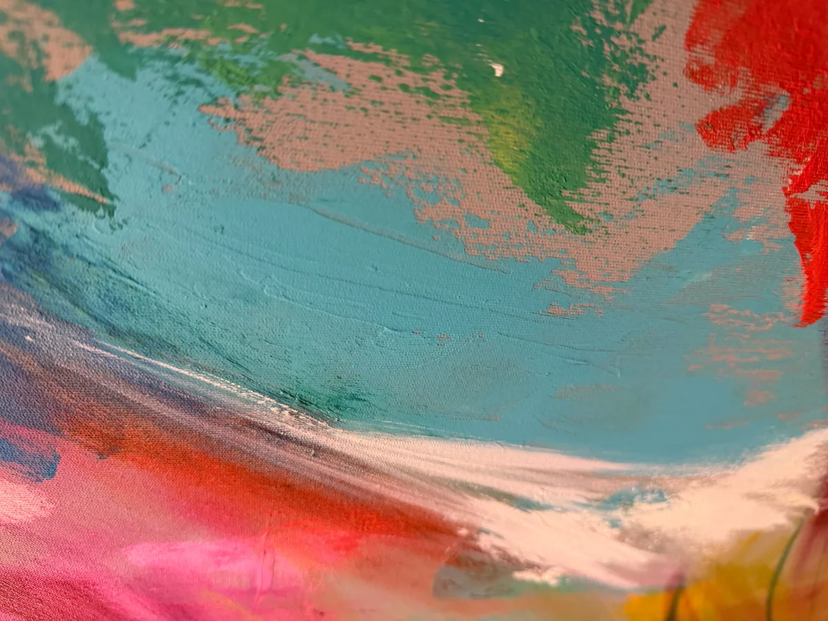 Surface detail — Vibrant Awakening by Alyne Perfeito, 100 x 150 cm (39 x 59 in)