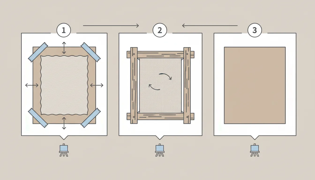Diagrama esquemático comparando suportes para pintura em grande formato: papel de aquarela esticado sobre chassi, tela preparada e painel rígido, com indicação de peso de papel e necessidade de esticamento
