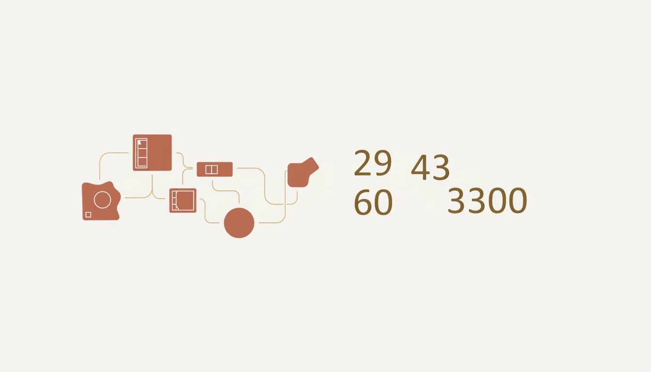 Diagrama esquemático com os números da CASACOR Goiás 2026: 29ª edição, 43 ambientes, 60 profissionais e 3.300 m² no Setor Marista, em Goiânia