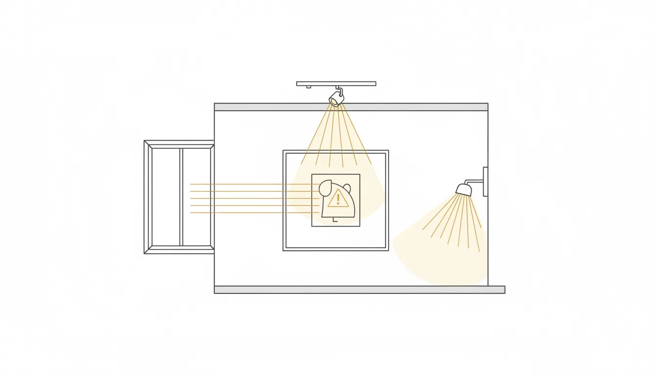 Diagrama esquemático comparando luz solar direta, trilho com spot ajustável e arandela de parede sobre uma obra de arte
