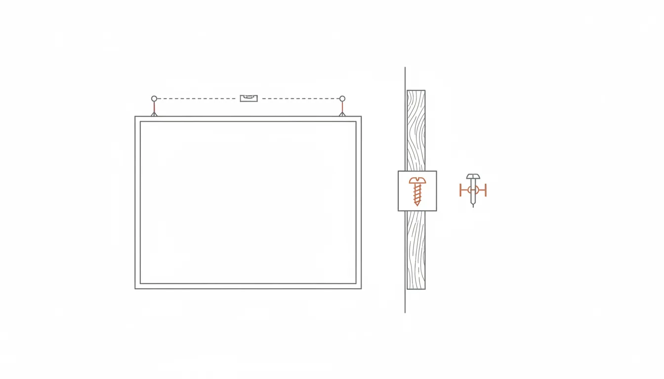 Diagrama esquemático de fixação de quadro grande em dois pontos, com indicação de montante na parede — Perfeito Studio