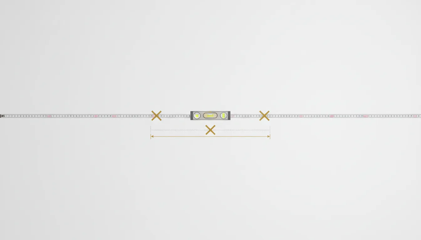 Diagrama esquemático do processo de marcação da parede para pendurar um tríptico, mostrando fita métrica, nível e os 3 pontos de fixação — Perfeito Studio