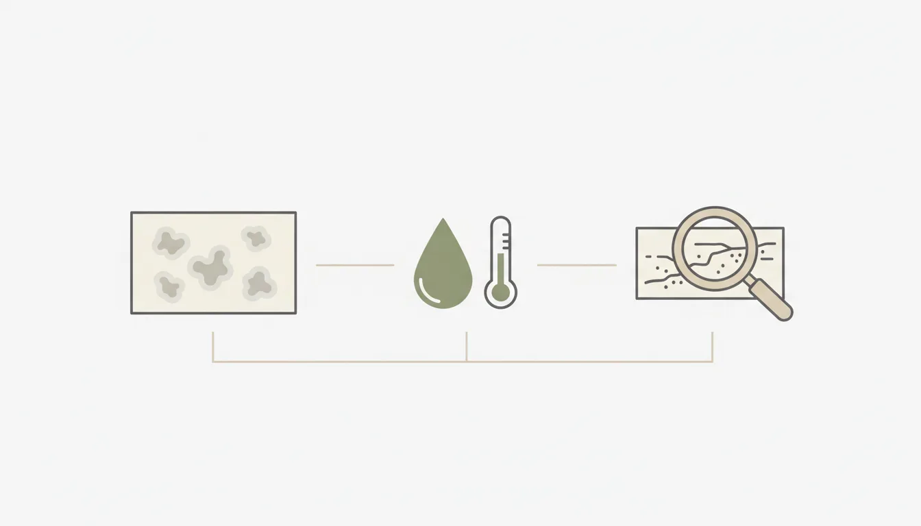 Diagrama esquemático mostrando sinais de mofo em uma pintura em tela — manchas irregulares, indicação de odor característico e umidade acumulada — ao lado de um ícone de umidade relativa controlada