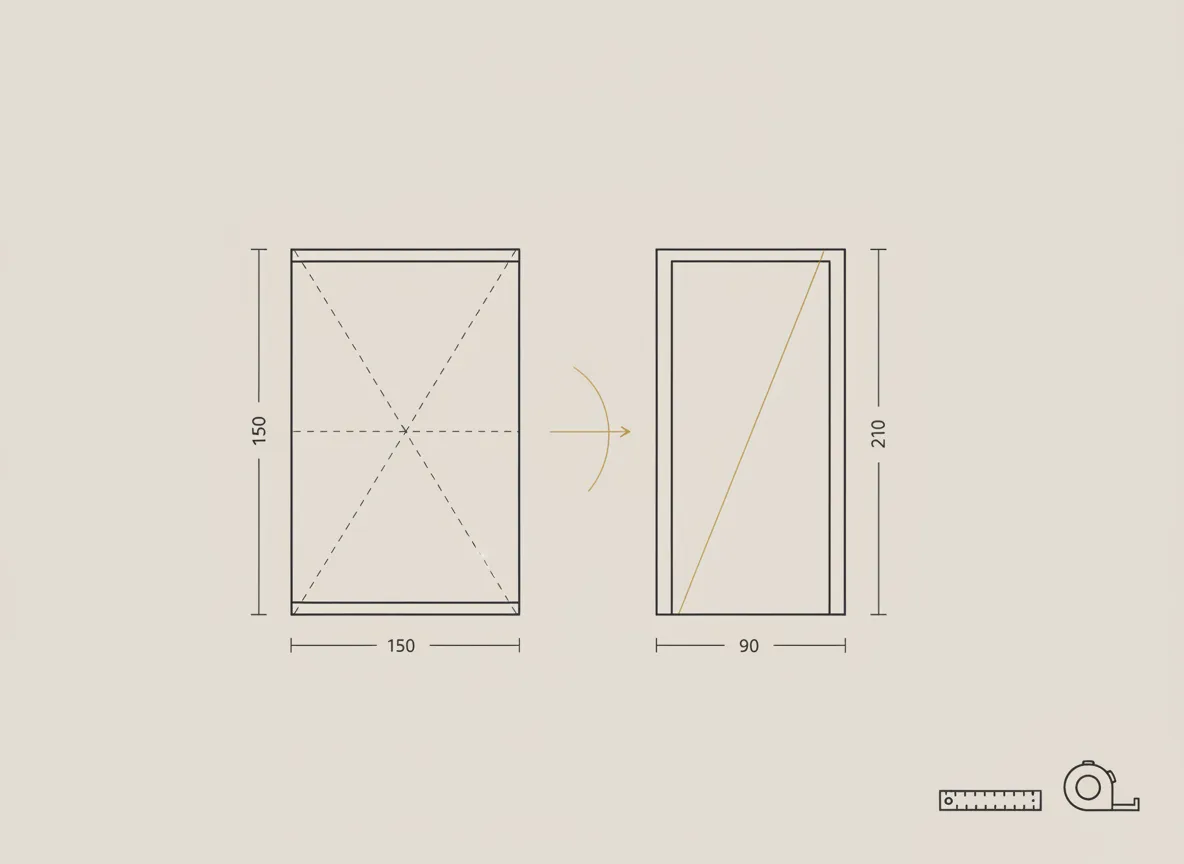 Diagrama esquemático de como medir a diagonal de um quadro embalado comparada à diagonal do vão de uma porta ou elevador — Perfeito Studio