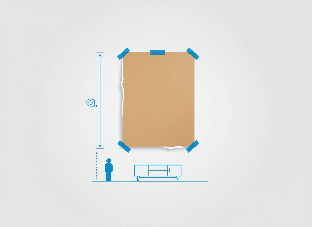 Diagrama esquemático de papel kraft fixado com fita crepe na parede para testar o tamanho de um quadro antes de comprar — Perfeito Studio