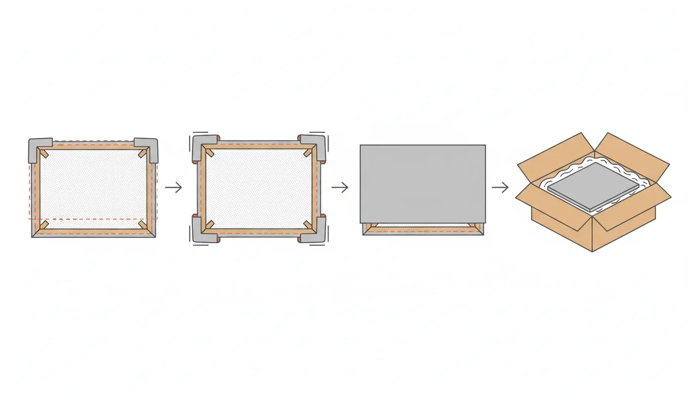 Diagrama esquemático das etapas de embalagem de uma pintura para transporte: papel de proteção sobre a tela, protetores de canto, prancha rígida de amortecimento e caixa dentro de caixa