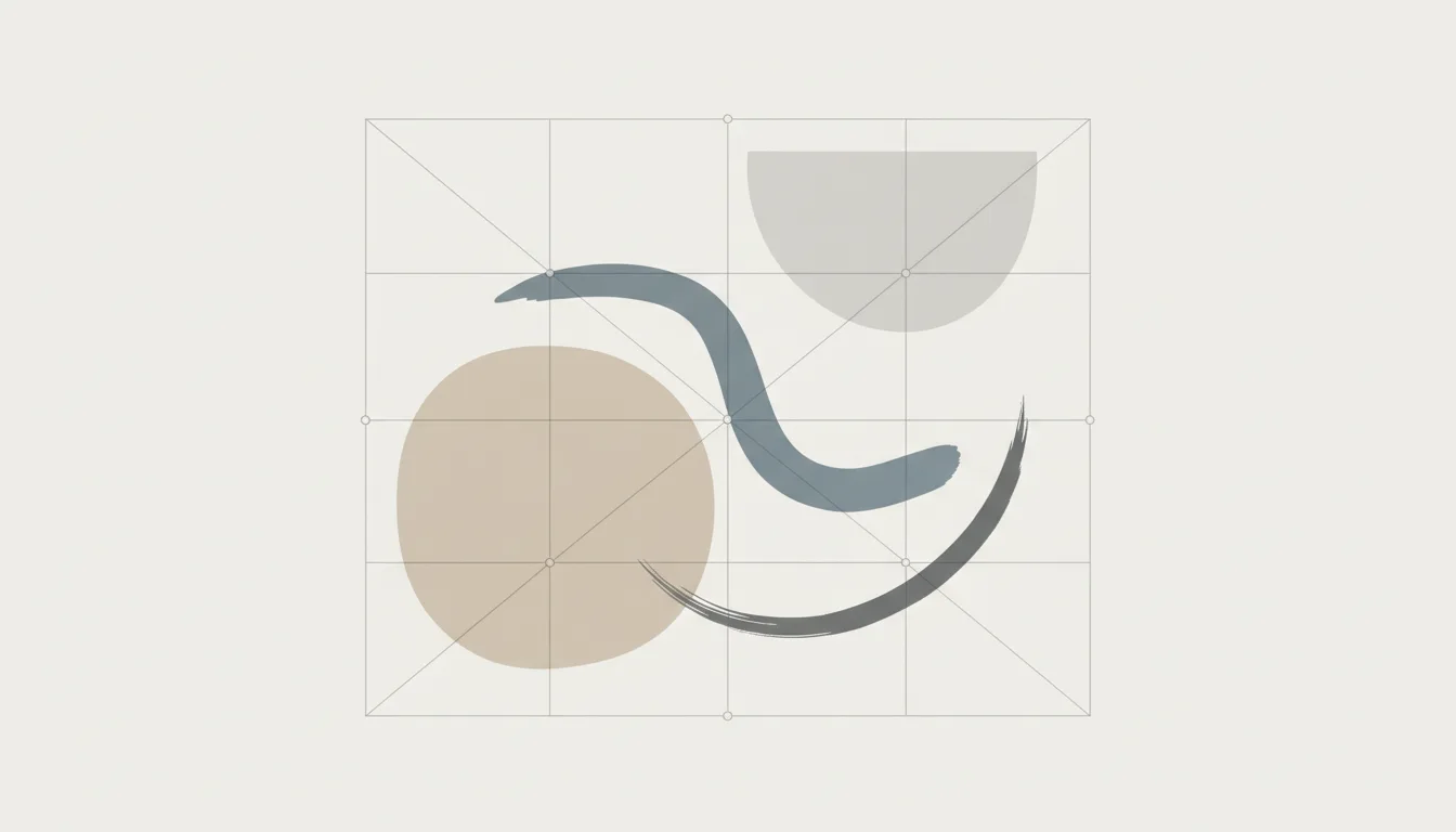 Diagrama esquemático de grade da regra dos terços sobreposta a uma composição pictórica abstrata, com os quatro pontos de interseção destacados