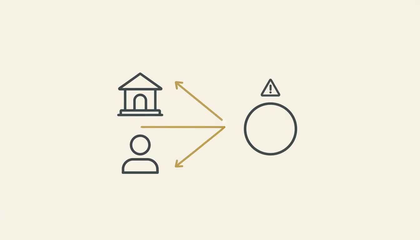 Diagrama esquemático: uma galeria e um colecionador ligados por linhas a um único intermediário, com um sinal de alerta