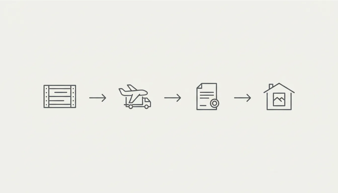 Schematic diagram showing an international art shipment flow from sender to shipping carrier to customs broker to recipient
