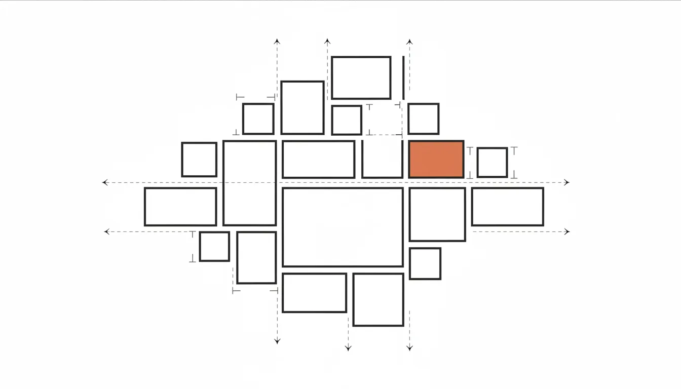 Schematic diagram of a gallery wall layout showing rectangles of varying sizes with consistent spacing between them and a shared alignment guideline