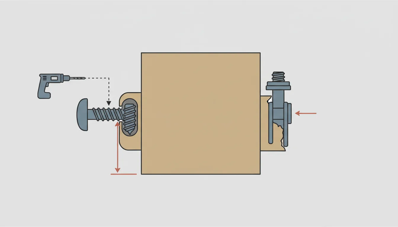 Schematic diagram comparing a concrete screw anchor and a wedge anchor drilled into a poured concrete wall, showing embedment depth and drill bit type — Perfeito Studio illustration