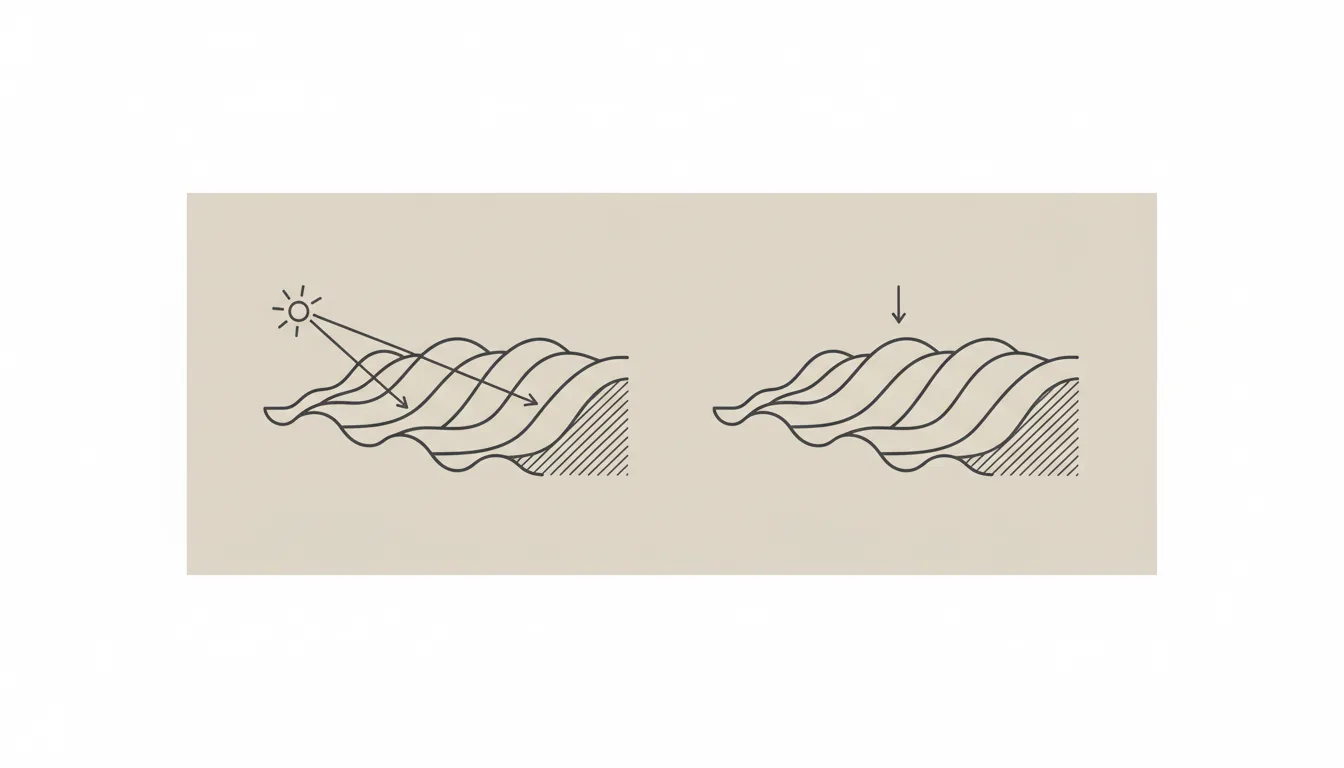 Schematic diagram comparing raking light at a low angle across a textured painting, which casts visible shadows on the paint ridges, with flat overhead light on the same surface, which shows no shadow and no visible texture