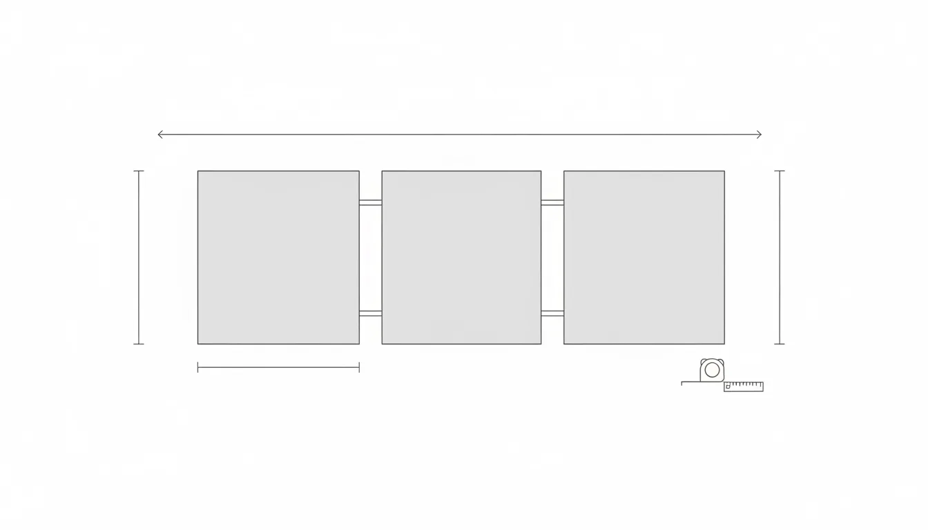 Diagrama esquemático mostrando três painéis de um tríptico numa parede, com a largura total, a altura e o espaçamento entre os painéis indicados por linhas e réguas