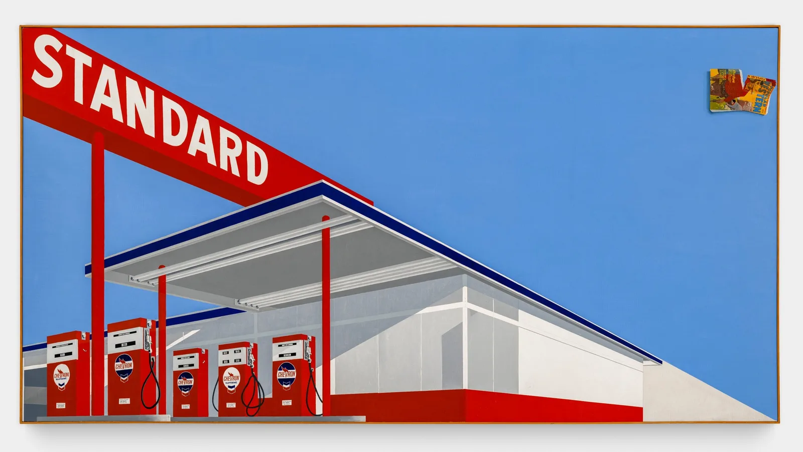 Ed Ruscha's Standard Station, Ten-Cent Western Being Torn in Half (1964), the painting that set a new Christie's auction record for the artist in 2024 — image courtesy Christie's