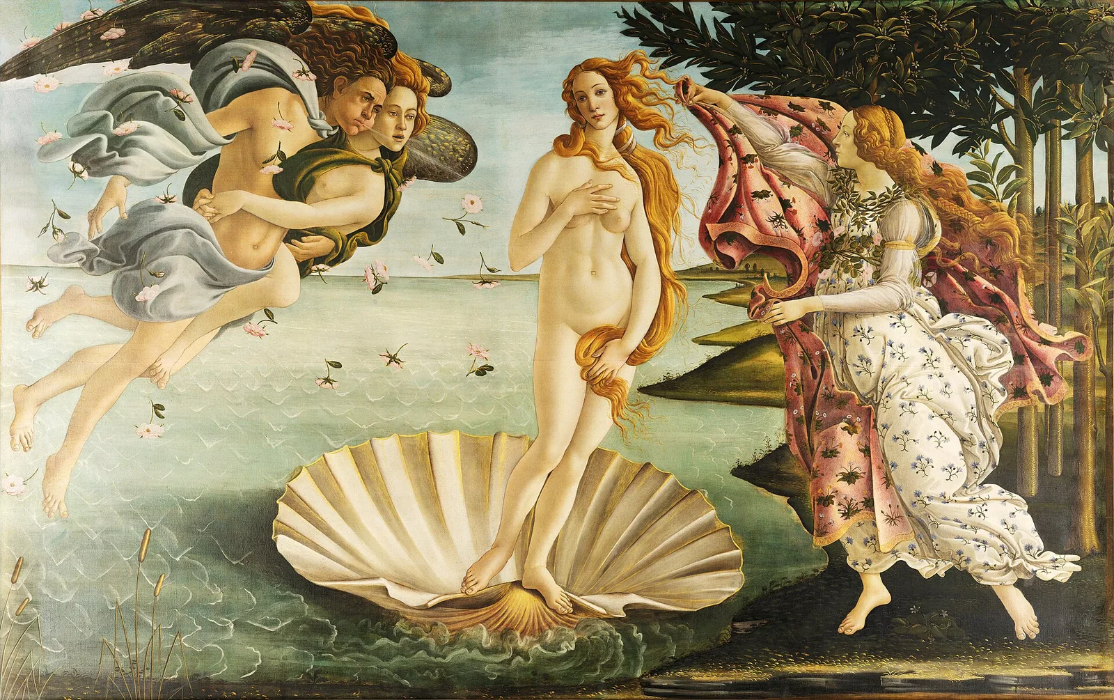 Pintura "O Nascimento de Vênus" de Sandro Botticelli, têmpera sobre tela, c. 1484-1486 — Galleria degli Uffizi, Florença (domínio público)