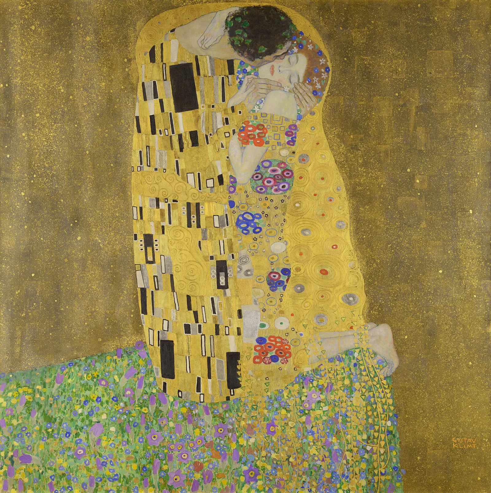 O Beijo (180 x 180 cm), óleo, folha de ouro, prata e platina sobre tela, de Gustav Klimt — Belvedere, Viena (domínio público)