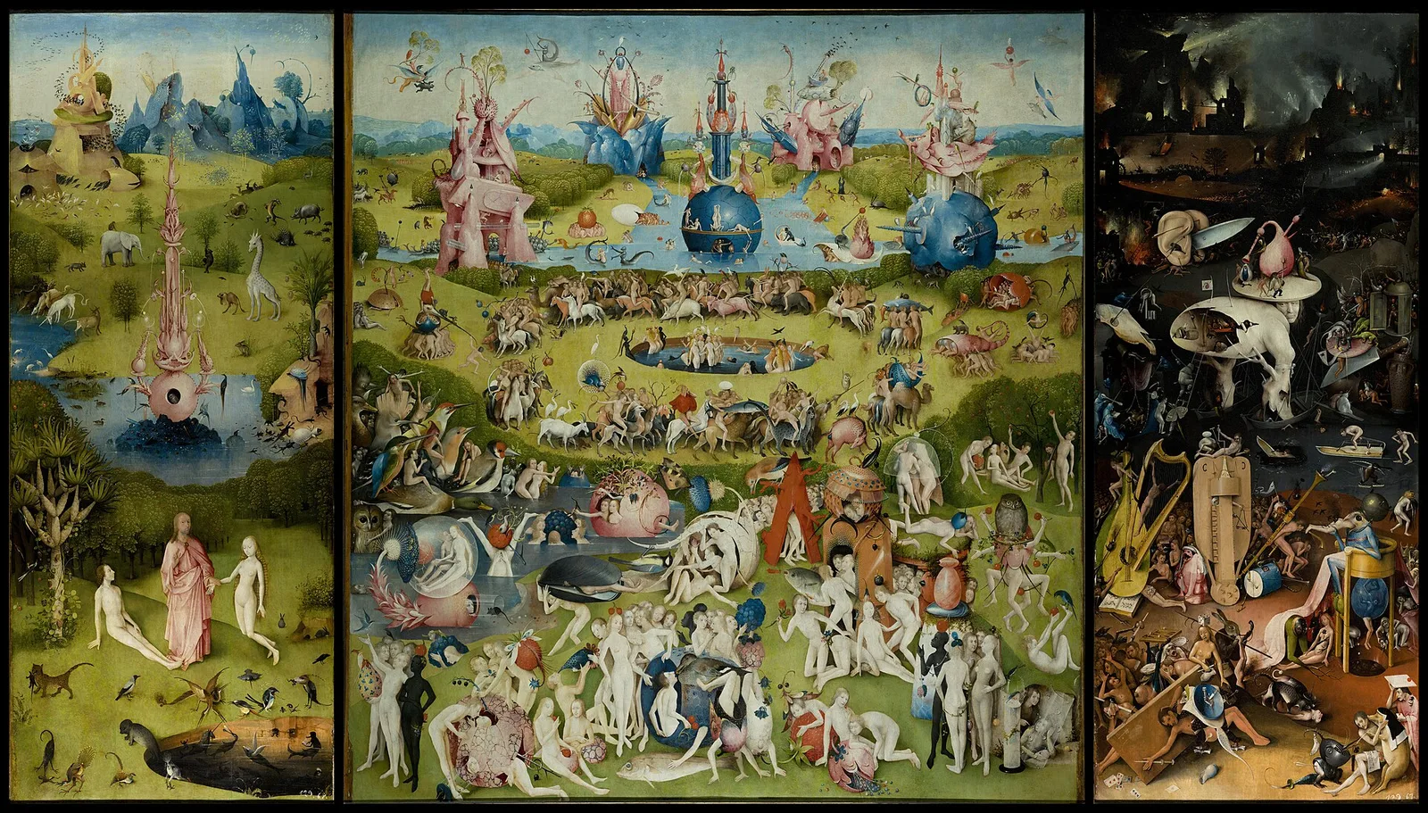 O Jardim das Delícias Terrenas (1490-1500), óleo sobre tábua de carvalho de Hieronymus Bosch, tríptico aberto mostrando os três painéis — Museu do Prado, Madri (domínio público)