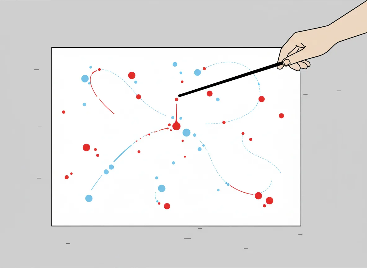 Diagrama esquemático de tinta sendo gotejada de um bastão sobre uma tela estendida no chão, com trajetórias aleatórias de pingos e respingos formando uma composição abstrata