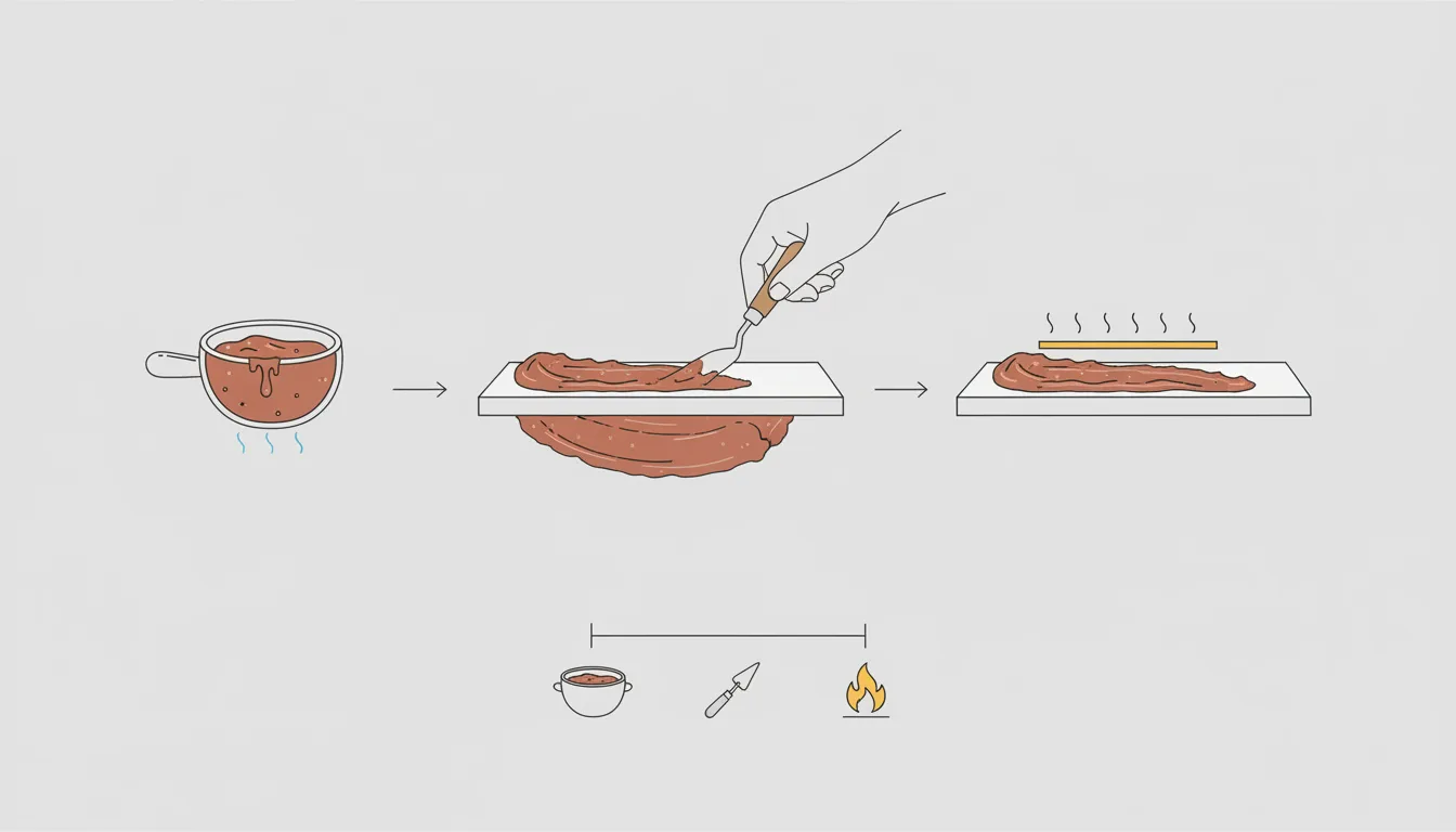 Diagrama esquemático do processo de pintura em encáustica: cera derretida com pigmento aplicada em camadas e fundida com calor — Perfeito Studio