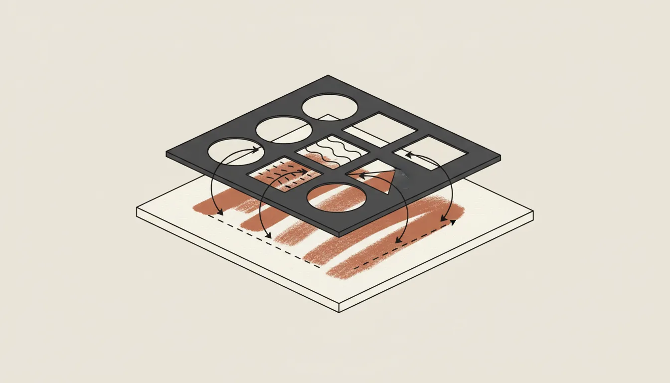 Ilustração esquemática de uma máscara de estêncil recortada, com tinta aplicada através das aberturas sobre uma superfície