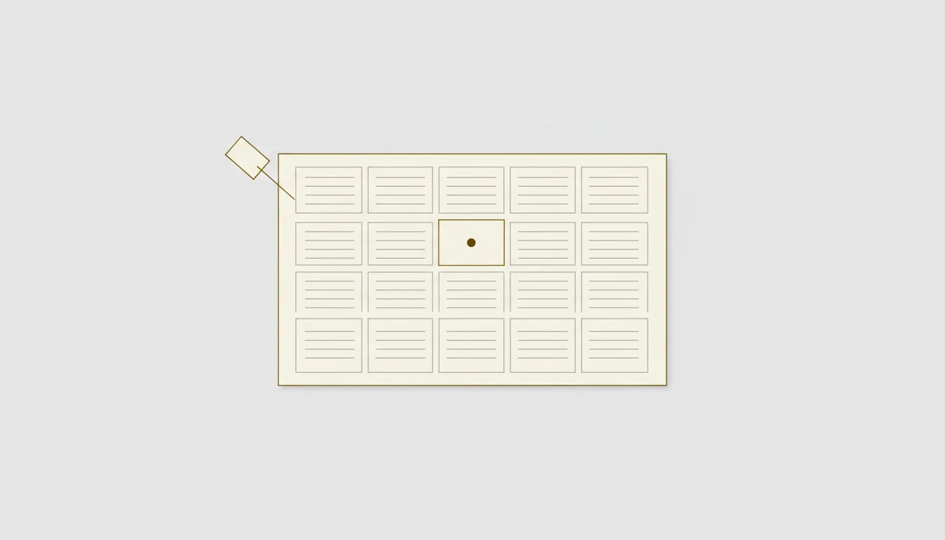 Ilustração esquemática de um certificado de obra de arte em grade de campos, com um único campo destacado e ligado a uma etiqueta — representação do Archive ID