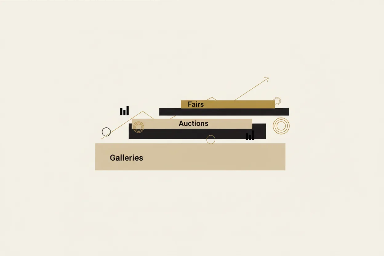 Ilustração esquemática representando a estrutura de um relatório de pesquisa sobre o mercado de arte, com camadas de dados e uma linha do tempo — Perfeito Studio