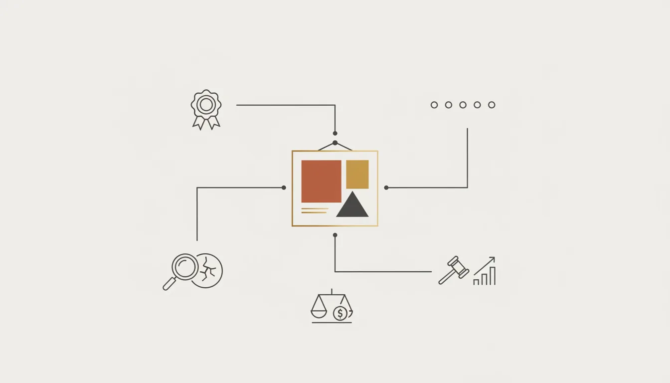 Diagrama esquemático dos elementos de um laudo de avaliação de obra de arte: autoria, procedência, estado de conservação, comparáveis de mercado e valor estimado — ilustração do Perfeito Studio