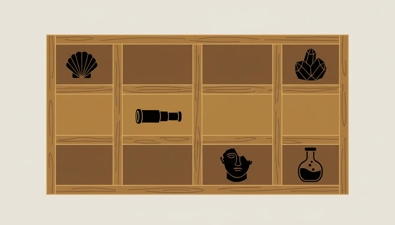 Diagrama esquemático de uma estante de nichos com objetos variados organizados por categoria — ilustração conceitual de um gabinete de curiosidades