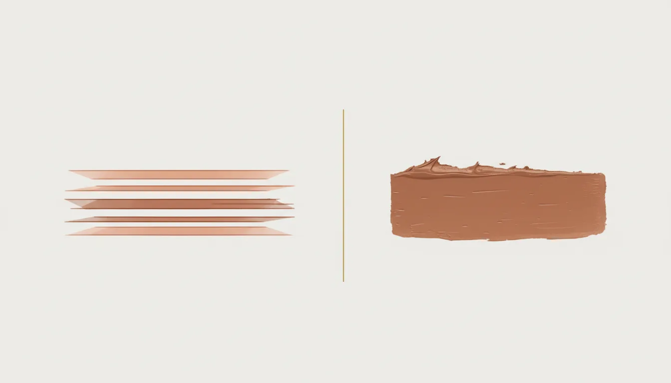 Diagrama esquemático comparando camadas finas e translúcidas sobrepostas de veladura com uma camada espessa e opaca de impasto — Perfeito Studio