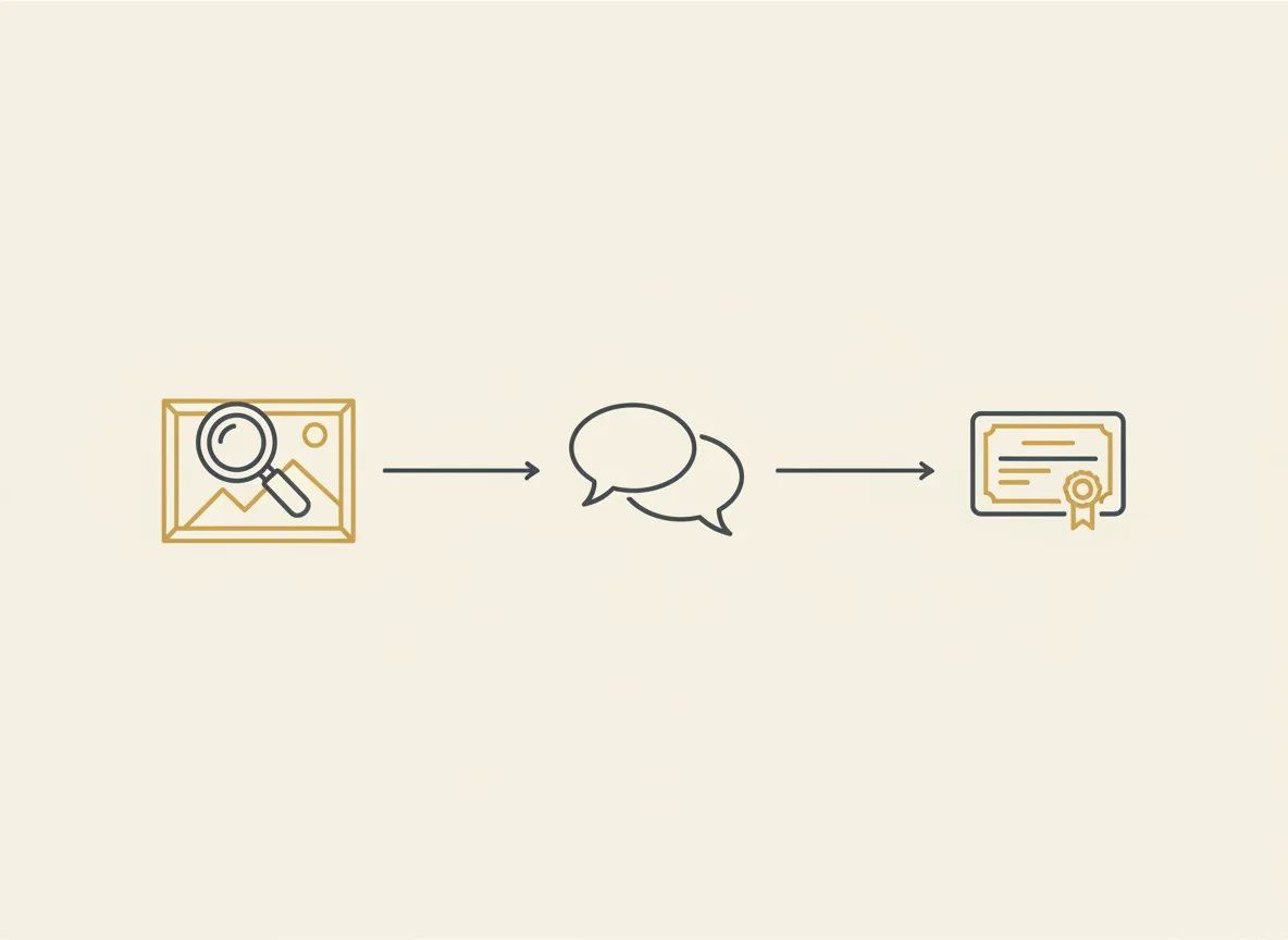 Diagrama esquemático do processo de curadoria e aquisição de uma obra de arte, em três etapas conectadas