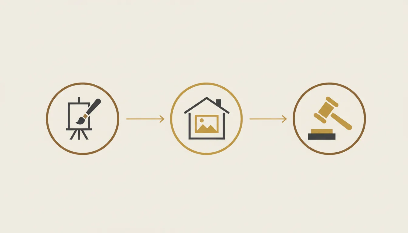 Diagrama esquemático da cadeia de proveniência: do artista para a coleção particular e desta para o mercado de arte — ilustração do Perfeito Studio