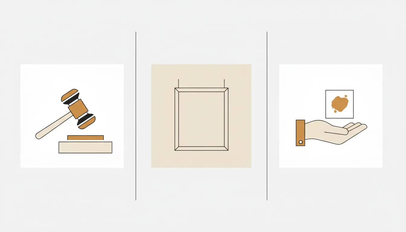 Ilustração esquemática comparando os três canais de venda de arte no Brasil — leilão, galeria e venda direta — Perfeito Studio