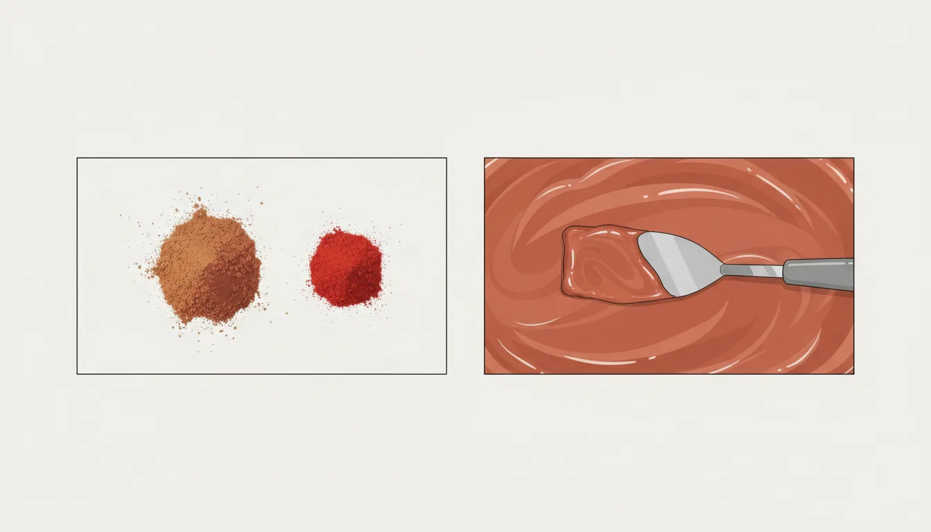 Diagrama esquemático comparando pigmento em pó puro e tinta já formulada com aglutinante — Perfeito Studio