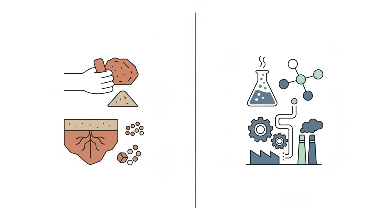 Diagrama esquemático comparando a origem mineral de pigmento natural e a produção química de pigmento sintético — Perfeito Studio