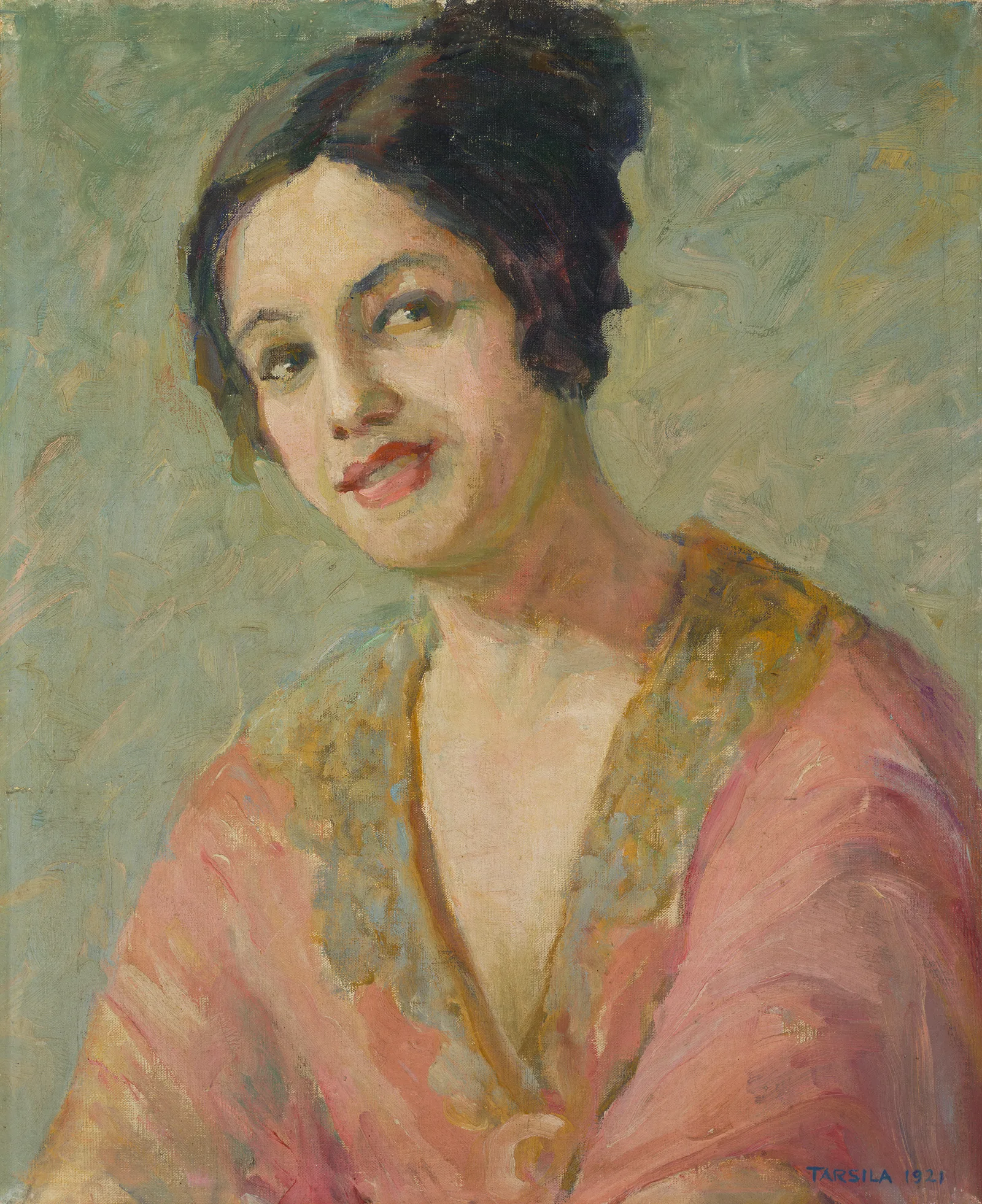 Autorretrato com vestido laranja, óleo sobre tela de Tarsila do Amaral, 1921 — acervo do MASP