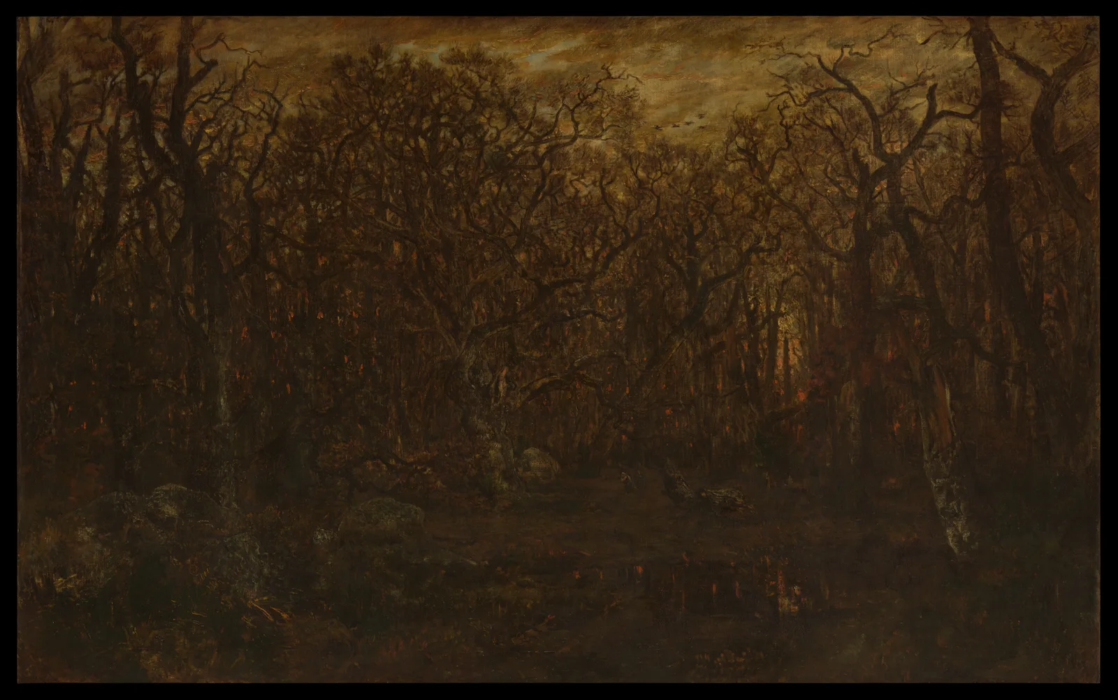 Pintura de floresta densa ao entardecer no inverno, de Théodore Rousseau — The Metropolitan Museum of Art, Nova York (domínio público)