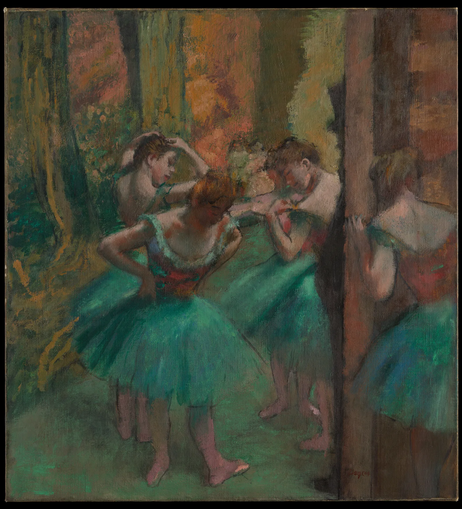 Dancers, Pink and Green (c. 1890), de Edgar Degas — bailarinas em saias rosa e verde se preparando nos bastidores, óleo sobre tela, The Metropolitan Museum of Art