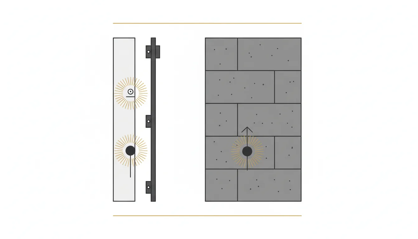 Diagrama esquemático comparando pontos de fixação em parede de drywall (placa e montante) e em parede de alvenaria — Perfeito Studio