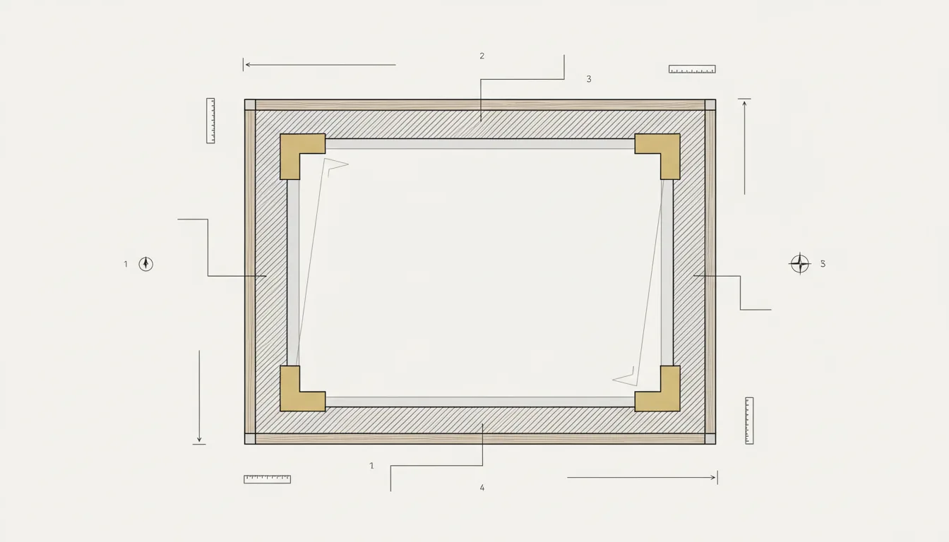 Ilustração esquemática do processo de embalagem de uma tela de grande formato para envio: camada de proteção sobre a superfície, cantoneiras nos cantos e caixa reforçada com espaço de amortecimento