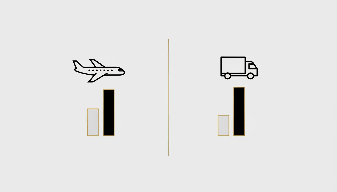 Diagrama esquemático comparando frete aéreo e frete rodoviário de uma obra de arte, com ícones de avião e caminhão e barras indicando prazo e custo relativos entre os dois modais