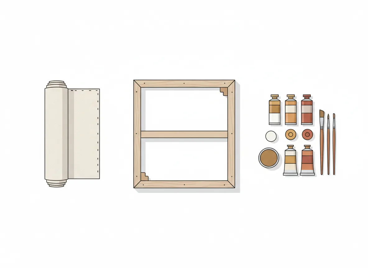 Diagrama esquemático dos materiais de um quadro grande formato: tela, bastidor com reforço e tinta acrílica — Perfeito Studio