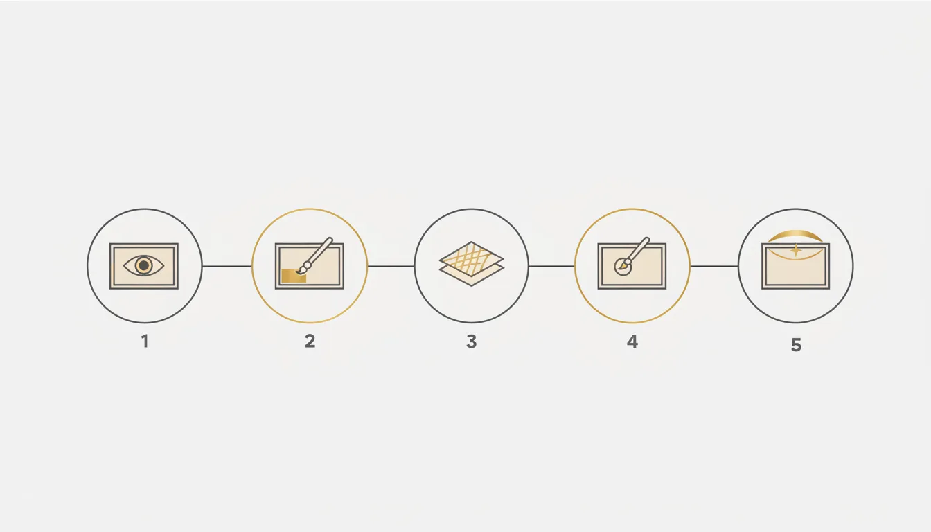 Ilustração esquemática das cinco etapas do processo de restauro de uma obra de arte — avaliação, limpeza, consolidação, retoque e verniz de proteção — Perfeito Studio