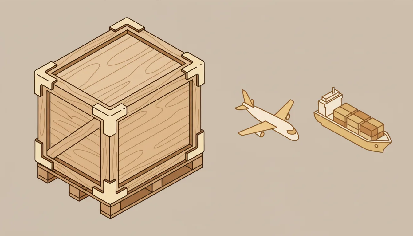 Ilustração esquemática de uma tela grande embalada em caixote de madeira reforçado, com ícones simples de avião e navio de carga indicando as duas rotas de transporte internacional
