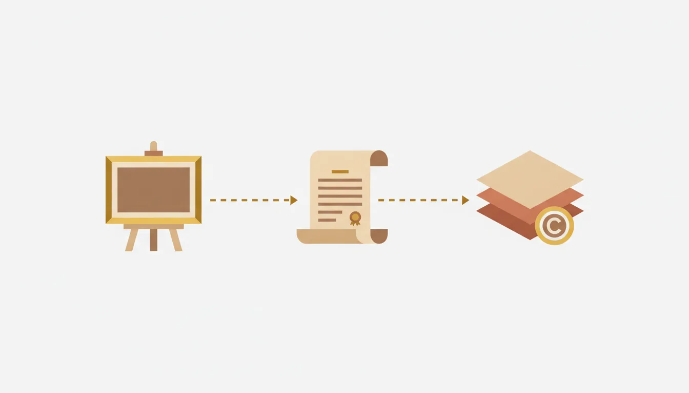 Diagrama esquemático mostrando a separação entre o direito de expor o objeto físico de uma obra de arte e o direito de reproduzir a imagem dela — Perfeito Studio