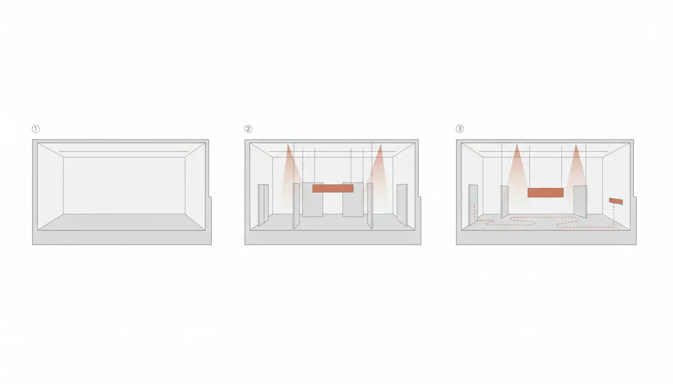 Diagrama esquematico do processo de expografia, da sala vazia ao percurso do visitante, sem texto