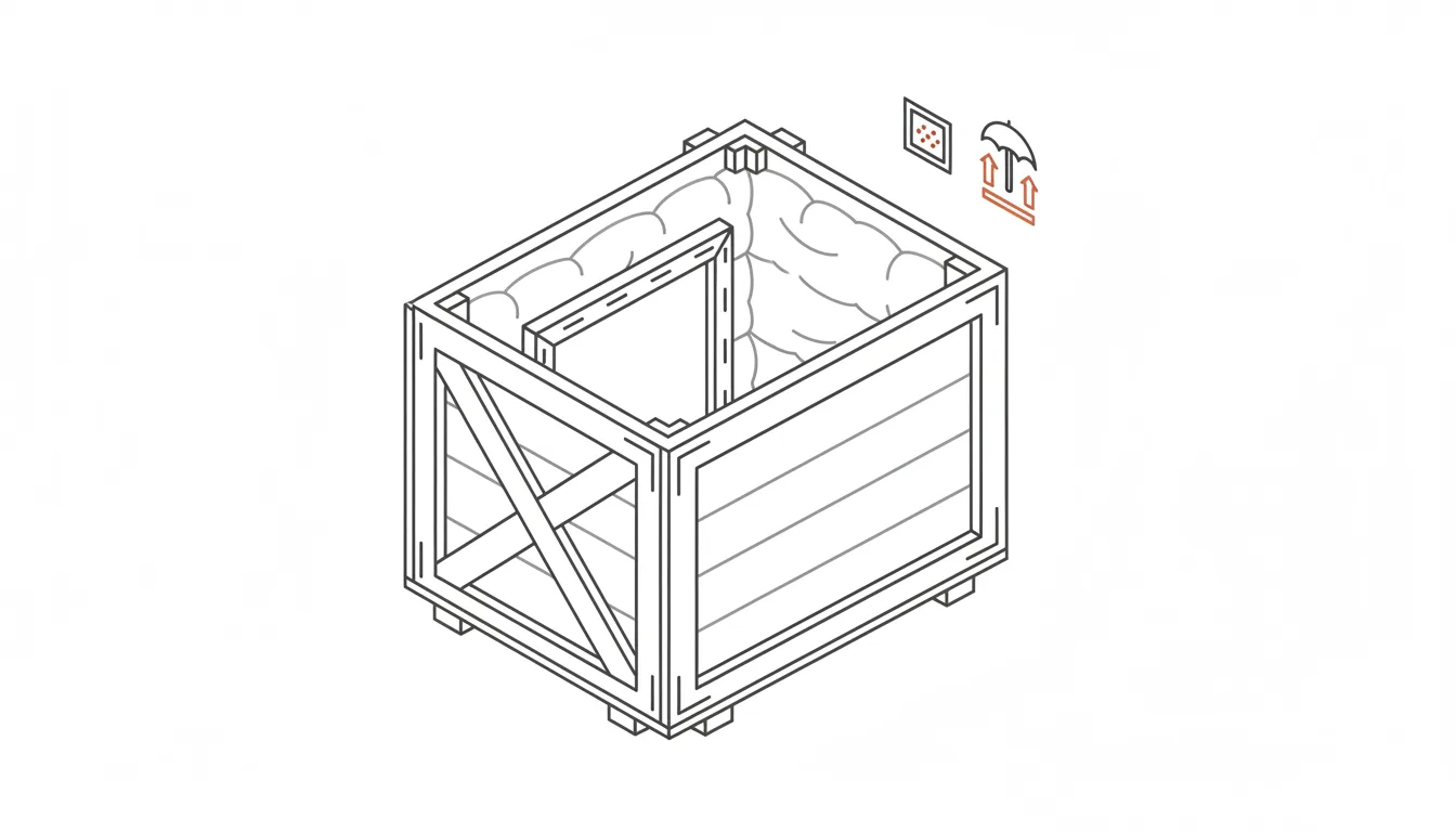 Schematic diagram of a wooden crate cross-section prepared for international shipping of a painting, with corner padding and fragile-handling icons
