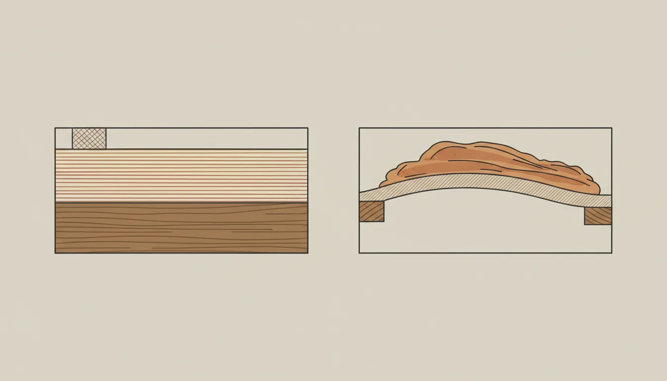 Ilustração esquemática em corte: à esquerda, muitas camadas finas de têmpera sobre um painel rígido de madeira; à direita, uma camada espessa de acrílica em empaste sobre tela esticada em chassi