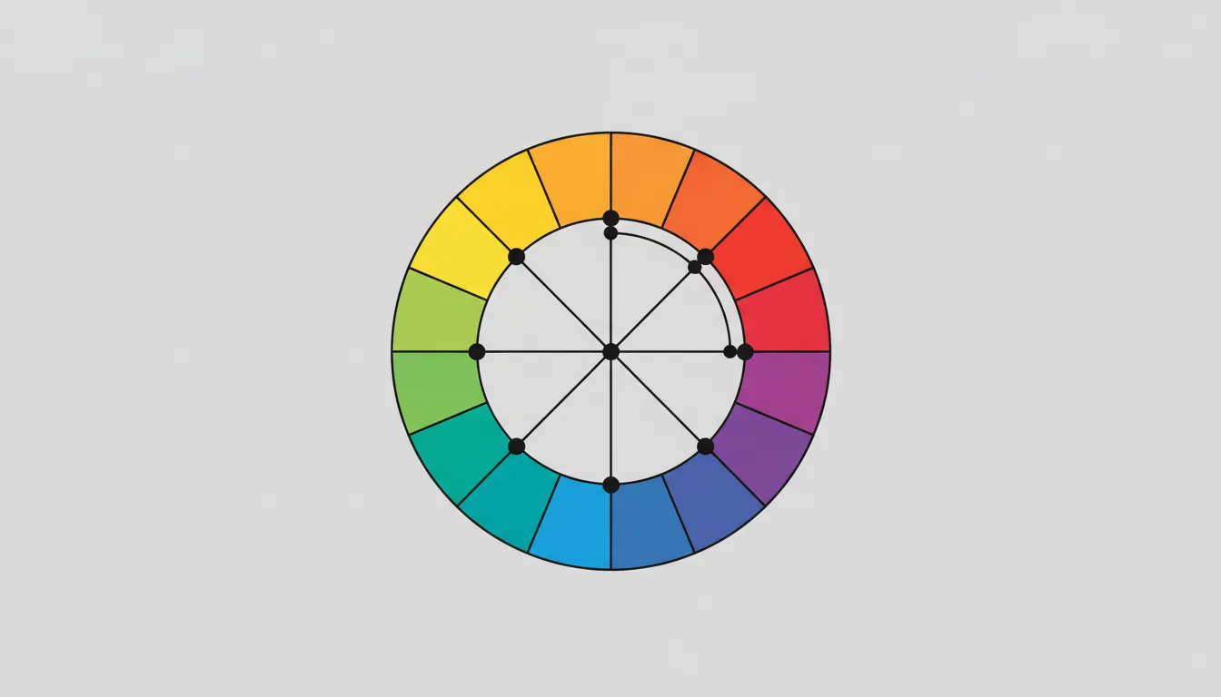 Diagrama esquemático de círculo cromático mostrando pares de cores complementares opostas e um trio de cores análogas vizinhas